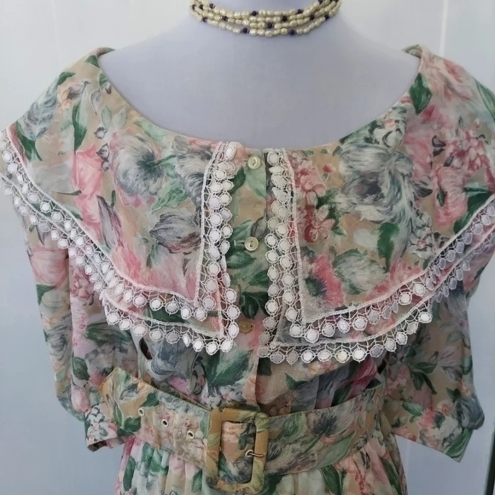 Vintage Floral Prairie Maxi Dress Lace Collar Cottagecore Romantic